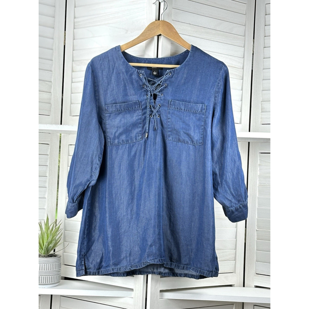 Intro Clothing Shirt Women's Large Tunic Blue Denim Roll-Up Sleeves Pockets